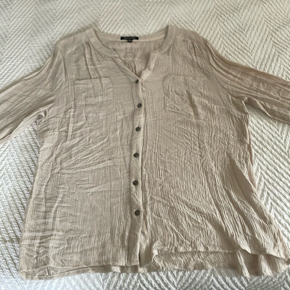Notations beige color gauze like fabric long sleeve blouse. XL